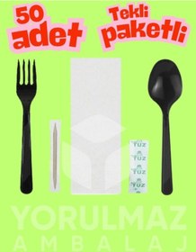 Resim 50 Li Siyah Lüks Tekli Ambalajlı Yemek Seti Hijyenik, Pratik, Premium Kalite Kaşık Çatal Peçete Tuz Kürdan 