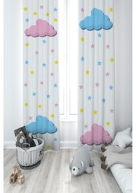 Resim Mekta Home Bebek Ve Çocuk Odası Pembe Mavi Bulut Desenli 2 Kanat Fon Perde 