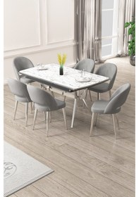 Resim Canisa Weps Serisi 89x150 Açılabilir Lak Panel Beyaz Mermer Krom Ayak Masa Takımı Ve 6 Gri Sandalye Beyaz Mermer Desen Masa Gri Sandalye 
