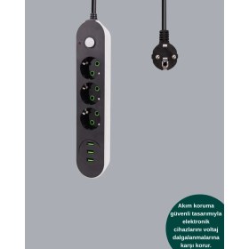 Resim Akım Korumalı Anahtarlı USB Girişli Üçlü Priz 