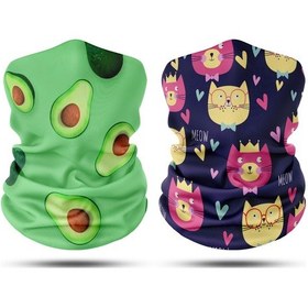 Resim Dair Avokado - Kedi Desenli 2'li Set Boyunluk Bandana Outdoor Balaklava Yüz Maskesi Kafa Bandı 