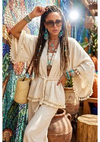 Resim Kalın Denizci Halat Kemerli Ponponlu Geniş İspanyol Flair Kol Doğal Keten Bohem Kaftan Kimono Ekru 