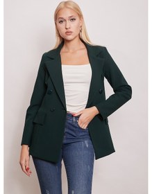 Resim Kadın Düğme Detaylı Uzun Kol Şık Ofis Süs Cep Kapaklı Kumaş Blazer Ceket-zümrüt Zümrüt 