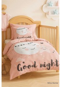 Resim Yenidoğan Kız Bebek Nevresim Takımı %100 Pamuklu Good Night Çok Renkli 