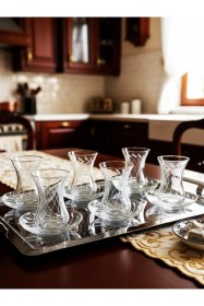 Resim Mila Dekorlu 12 Parça 6 Kişilik Çay Takımı 125cc - Şık Cam Sunum Seti Şeffaf 