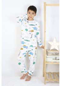 Resim Harika Kids Erkek Çocuk Baskılı İnterlok Kumaş Uzun Kollu Pijama Takımı Beyaz 