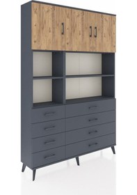 Resim Arges Dolap 8 Raflı 8 Çekmeceli 3 Kapaklı 132x30x195 Antrasit-çam/antrasit Atlas Çam/antrasıt 