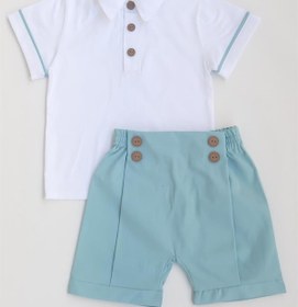Resim Erkek Bebek Mavi Keten Denizci Gömlek Şort Takım-Mavi 