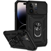 Resim Apple iPhone 14 Pro Max Sert Silikon Tank Aramid Sürgülü Vega Yüzüklü Siyah Kılıf Gpack