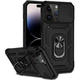 Resim Apple iPhone 14 Pro Max Sert Silikon Tank Aramid Sürgülü Vega Yüzüklü Siyah Kılıf 