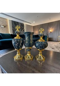 Resim Emerald Black Marble Dekoratif Vazo & Obje Seti Gold Detaylı Lüks Salon Aksesuarı 3 Lü 