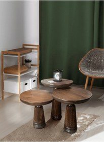 Resim Wood Wooden Ahşap 3 Lü Set Fitilli Mantar Yan Sehpa / Ceviz Renk / Ceviz Renk Mushroom Side Table Kahverengi 