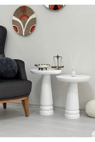 Resim ASELYA HOME Ahşap 2’li Set Mantar Yan Sehpa Modern Beyaz Renk Fiskos Zigon Çiçeklik Orta Sehpa 