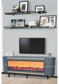 Resim Dekoratif Şömineli TV Sehpası Uygulamalı 7 Renk Hoparlörlü Antrasit Gold Detaylı 160x67x40 CM 