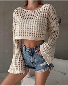 Resim Desenor Concept Kadın Krem Depox Delikli Ajurlu Crop Bluz Bolero Knit Krem Rengi Triko 