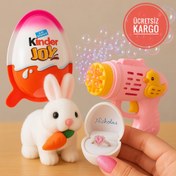 Resim 3’lü Eğlence ve Mutluluk Seti – Yüzük Çıkan Kinder Joy, Köpük Tabancası, Peluş Tavşan 