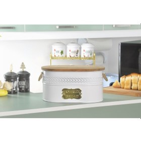 Resim Evistro Metal Ekmeklik Ahşap Kapaklı Hasır Kulplu Ekmek Kutusu Beyaz 