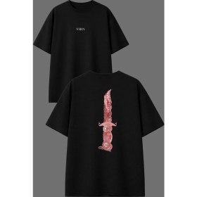 Resim Vsrn Kırmzı Desenli Bıçak Tasarım Ön Arka Baskılı Siyah Oversize T Shirt 