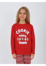 Resim Kız Çocuk Uzun Kollu %100 Pamuklu Pijama Takımı Cookie Team Kırmızı 