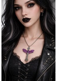 Resim Mor Butterfly Kuru Kafa Detaylı Gotik Kolye Unisex Metal Zincir Çok renkli 