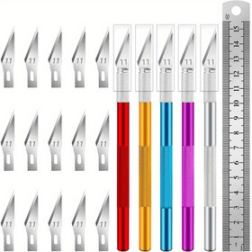 Resim 11 adet Paslanmaz Çelik Exacto Bıçak Seti + 1 adet Geri Çekilemeyen Demir El Sanatları Bıçağı + 1 adet 15CM Çelik Cetvel - Sanat, Scrapbooking, Şablon, Hassas Kesme ve Ölçme için Mükemmel 