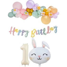 Resim Tavşan Folyo Balonlu 1 Yaş Balonlu Doğum Günü Konsept Parti Seti 