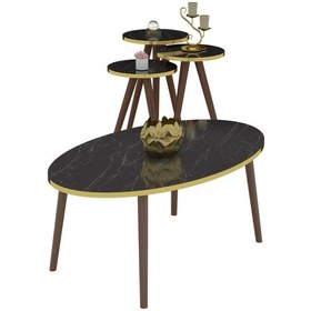 Resim Zigon Sehpa Ve Orta Sehpa Set Ahşap Torna Elips Altın Siyah Mermer Desen 