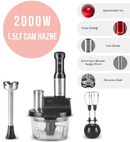 Resim Karaca Inox Gövde Premium 2000w Turbo 1,5 Lt Cam Hazneli, 4 Kanatlı Çelik Bıçak Mutfak Robotu & Blender 