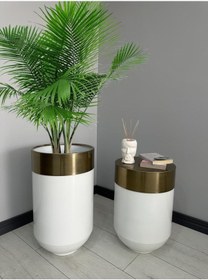 Resim Dekoratif Eskitme Darbuka Parlak Beyaz Saksı 70cm + Sehpa 60cm İkili Set 