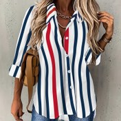 Resim Kadınlar için Günlük Çizgili Düğmeli Uzun Kollu Gömlek - Hafif Polyester, Makinede Yıkanabilir, Kırmızı ve Mavi Dikey Çizgiler ile Beyaz Yaka, İlkbahar/Yaz İçin Mükemmel, Rahat Kesim Üst | Yatay Çizgiler | Şık Kontrast Detay 