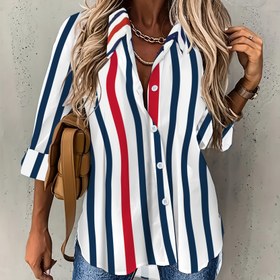 Resim Kadınlar için Günlük Çizgili Düğmeli Uzun Kollu Gömlek - Hafif Polyester, Makinede Yıkanabilir, Kırmızı ve Mavi Dikey Çizgiler ile Beyaz Yaka, İlkbahar/Yaz İçin Mükemmel, Rahat Kesim Üst | Yatay Çizgiler | Şık Kontrast Detay 