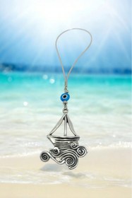 Resim biuti Metal Yelkenli Araba Dikiz Ayna Süsü, El Yapımı Cam Turkuaz Nazar Boncuğu Yeni Araba Hediyesi 