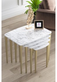 Resim Canisa Concept Telwe Serisi Üst Kalite Mdf 4lü Zigon Sehpa Takımı Beyaz Mermer Desenli / Gold Tablalar Beyaz Mermer / Ayaklar Gold 