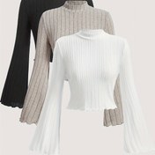 Resim 3'lü paket Şık Yuvarlak Yaka Uzun Kollu Kadın Tişörtleri - Polyester Örgü Düz Renkli Üstler, Normal Uzunluk, Tüm Sezon Modası 