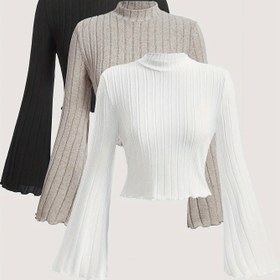 Resim 3'lü paket Şık Yuvarlak Yaka Uzun Kollu Kadın Tişörtleri - Polyester Örgü Düz Renkli Üstler, Normal Uzunluk, Tüm Sezon Modası 