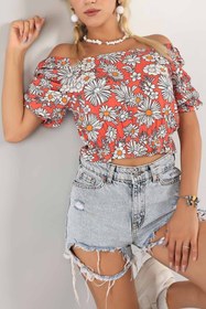 Resim Aslında Look Madonna Yaka Çiçek Desenli Gipeli Lastikli Yumuşak Dokuma Bluz 