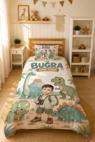 Resim Evmila Karikatüristik Dinozor Temalı Nevresim Takımı - 100x150 cm Nevresim ( Bebek Boy Özelleştirilmiş ) + 35x45 cm Yastık Kılıfı 