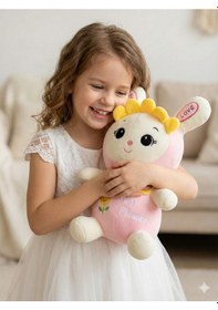 Resim 35 Cm Ayçiçeği Kostümlü Pembe Peluş Tavşan - Yumuşak Uyku Arkadaşı - Sun Flower Nakışlı Beyaz - Pembe 