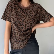 Resim Moda Kadın Leopar Desenli Kısa Kollu Tişört - Casual Beyaz ve Kahverengi Hayvan Desenli Üst, Tüm Mevsim Giyim, Casual Giysi|Leopar Desenli Üst|Kısa Kollu Gömlek 