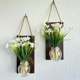 Resim Led Işıklı, Beyaz Nergis Çiçekli Duvar Dekoru İkili Set (Ceviz) 