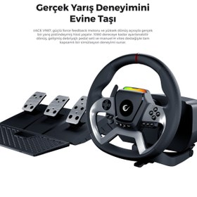 Resim Rampage Pace V987 Force Feedback Motorlu 3 Pedal Vitesli Oyuncu Direksiyonu Direksiyon Seti SADECE PC UYUMLU 