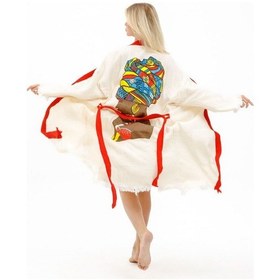 Resim Müslin Kimono Pamuklu Afrikalı Kadın Baskılı Desenli Bornoz Kaftan Sabahlık Ekru 