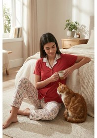 Resim Lela Regular Fit Gömlek Yaka Kısa Kollu Bayan Pijama Takımı 65730101 Kırmızı 