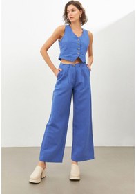 Resim Stella Pulvis Mavi Keten Yüksek Bel Wide Leg Pantolon Mavi 