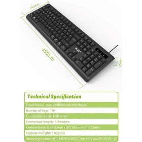 Resim Acer OAK-0A0 Siyah Kablolu Sessiz Tuşlu Klavye (Caps Lock) (Kablo Uzunluğu 1.50Cm) Caps Lock 