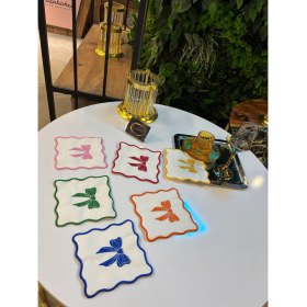 Resim Kokteyl Peçetesi,çok Renkli Kurdele Fiyonk Desenli Kare Kahve Tepsisi Peçeteliği,6'lı Sunumlukpeçete 