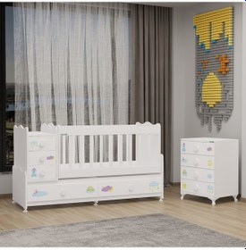 Resim Melina Uzayan Mdf Çıtalı Beşik Ve Şifonyer - Uykucu Beyaz 