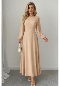 Resim Defymoda Kadın Kendinden Bağlamalı Uzun Boy Şık Elbise Bej 
