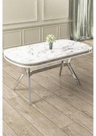 Resim Canisa Olya Serisi 90x168 Lak Panel Beyaz Mermer Desen Masa Takımı Krom Ayaklı 4 Antrasit Sandalye Beyaz Mermer Masa Antrasit Sandalye 