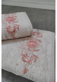 Resim Nakışlı Bambu Banyo Havlu Takımı Pudra 